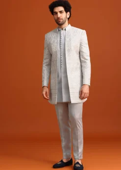 Aqua Blue Satin Silk Embroidered Sherwani Set