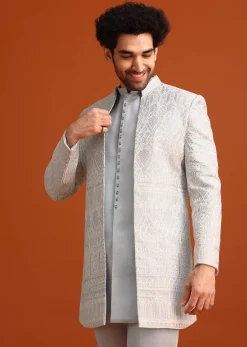 Aqua Blue Satin Silk Embroidered Sherwani Set