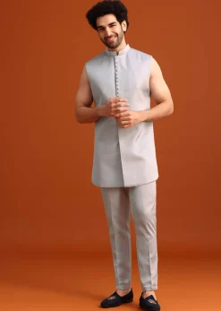 Aqua Blue Satin Silk Embroidered Sherwani Set