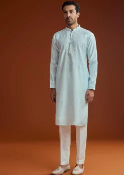 Aqua Blue Silk Embroidered Kurta Set