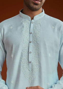 Aqua Blue Silk Embroidered Kurta Set