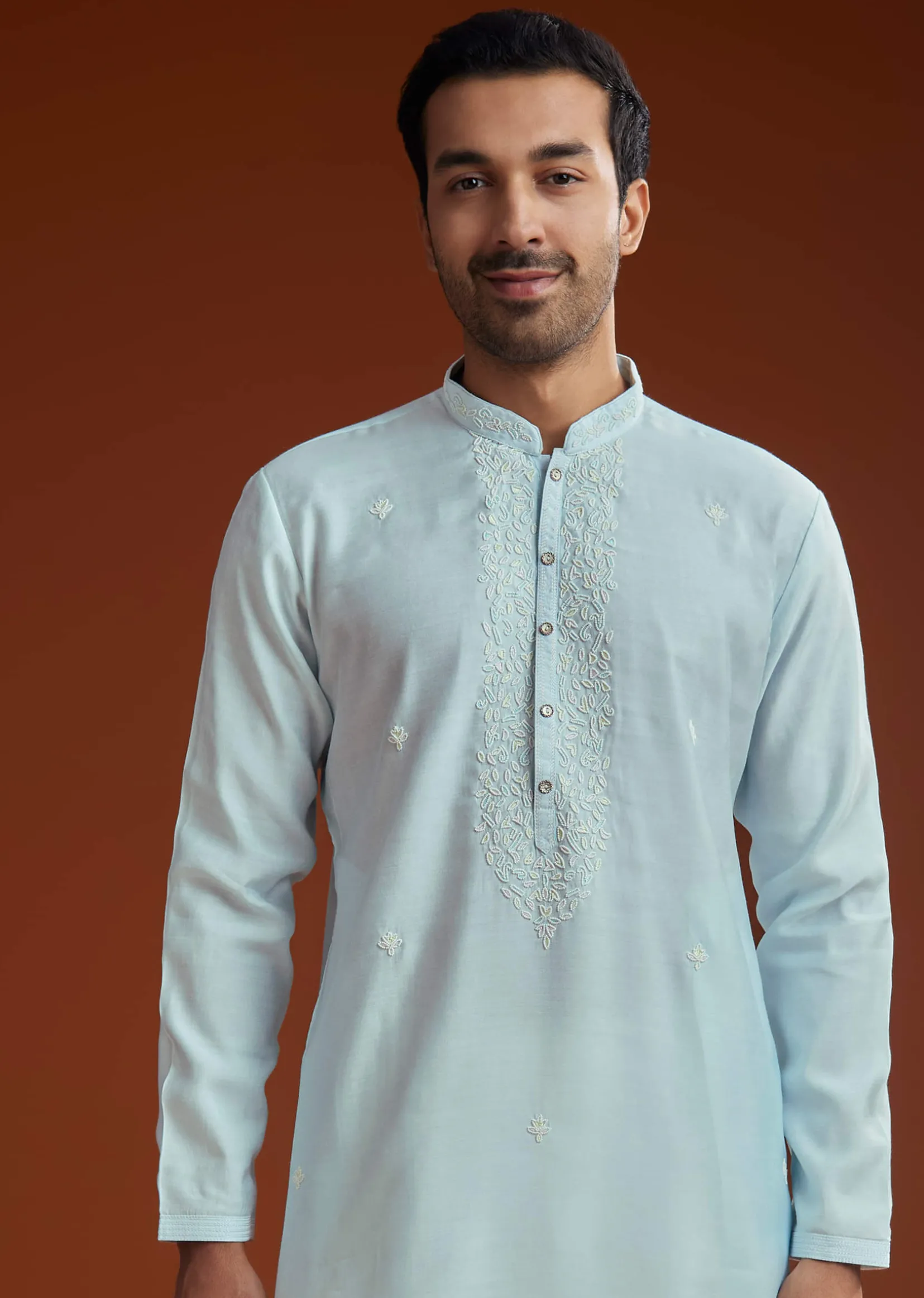 Aqua Blue Silk Embroidered Kurta Set