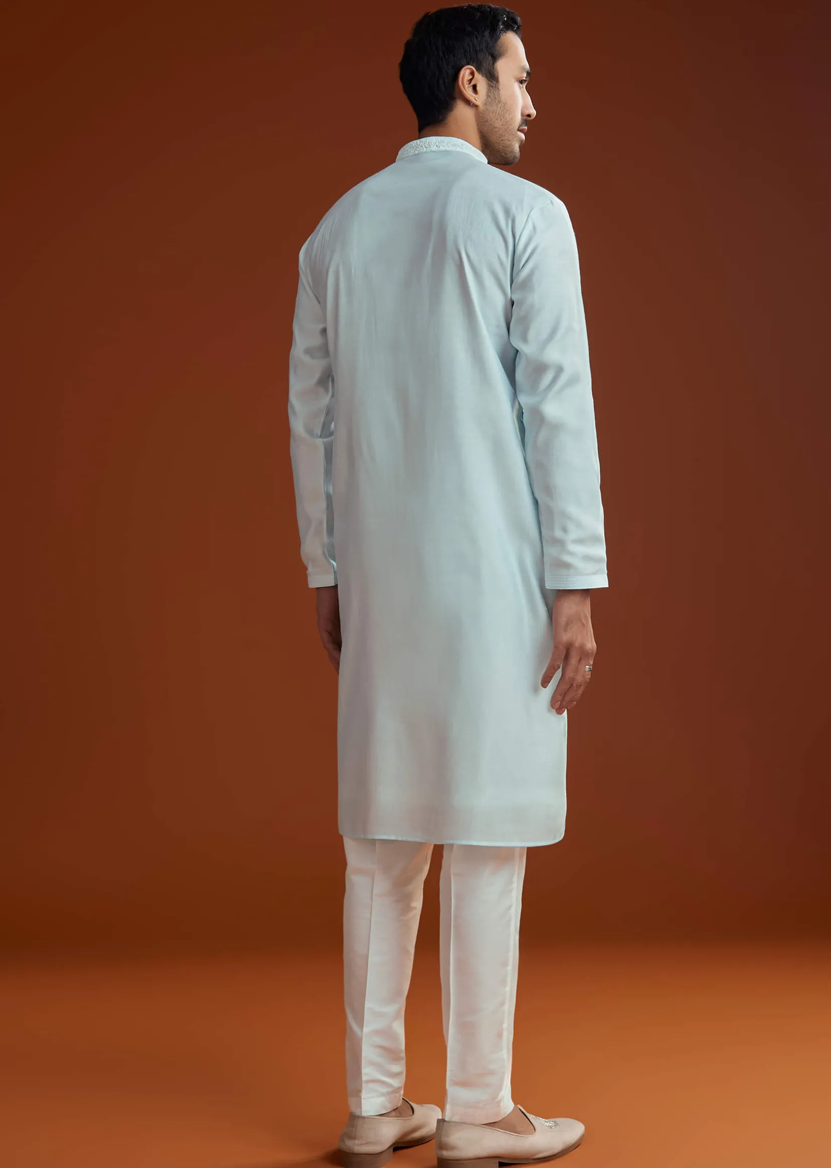 Aqua Blue Silk Embroidered Kurta Set