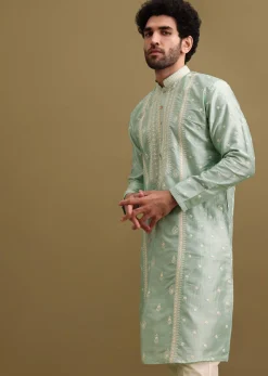Aqua Blue Silk Kurta Set With Resham Work For Men