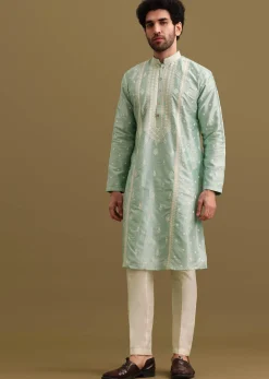 Aqua Blue Silk Kurta Set With Resham Work For Men