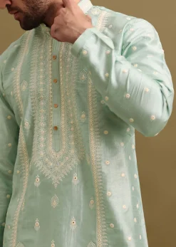 Aqua Blue Silk Kurta Set With Resham Work For Men