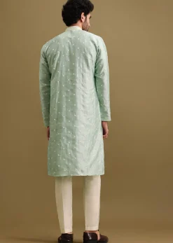 Aqua Blue Silk Kurta Set With Resham Work For Men