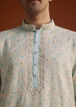 Aqua Blue Silk Kurta Set With Hand Embroidery