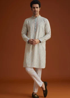 Aqua Blue Silk Kurta Set With Hand Embroidery
