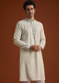 Aqua Blue Silk Kurta Set With Hand Embroidery