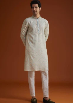 Aqua Blue Silk Kurta Set With Hand Embroidery