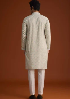 Aqua Blue Silk Kurta Set With Hand Embroidery