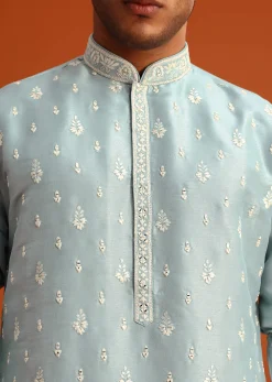 Aqua Blue Silk Kurta Set With Booti Work
