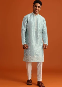 Aqua Blue Silk Kurta Set With Booti Work