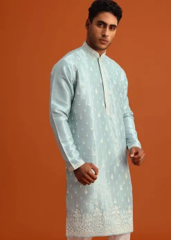 Aqua Blue Silk Kurta Set With Booti Work