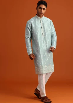 Aqua Blue Silk Kurta Set With Booti Work