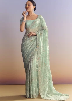 Aqua Blue Tissue Saree With Cutwork And Unstitched Embellished Blouse