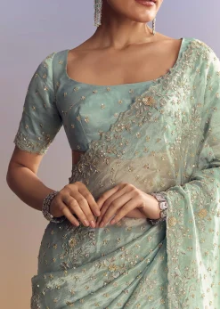 Aqua Blue Tissue Saree With Cutwork And Unstitched Embellished Blouse