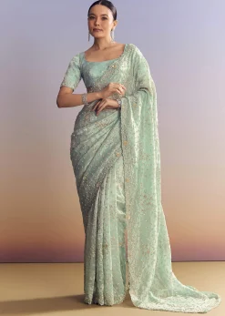 Aqua Blue Tissue Saree With Cutwork And Unstitched Embellished Blouse
