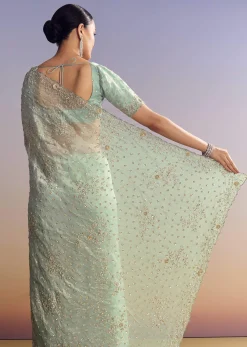 Aqua Blue Tissue Saree With Cutwork And Unstitched Embellished Blouse