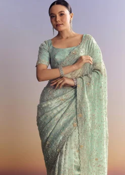 Aqua Blue Tissue Saree With Cutwork And Unstitched Embellished Blouse
