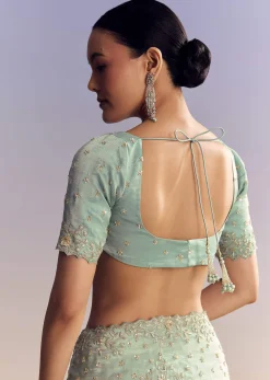 Aqua Blue Tissue Saree With Cutwork And Unstitched Embellished Blouse