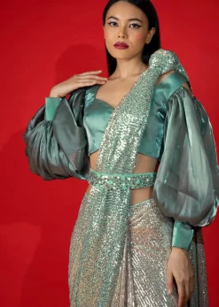 Aqua Green And Grey Organza Blouse With Elaborate Balloon Sleeves
