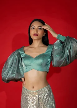 Aqua Green And Grey Organza Blouse With Elaborate Balloon Sleeves