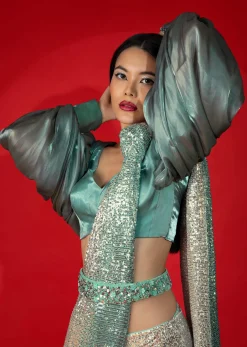 Aqua Green And Grey Organza Blouse With Elaborate Balloon Sleeves