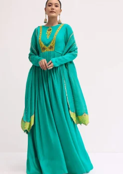Aqua Green Chiffon Anarkali With Tissue Dupatta
