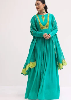 Aqua Green Chiffon Anarkali With Tissue Dupatta