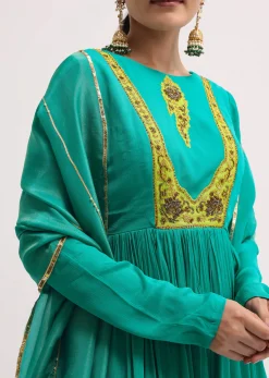 Aqua Green Chiffon Anarkali With Tissue Dupatta