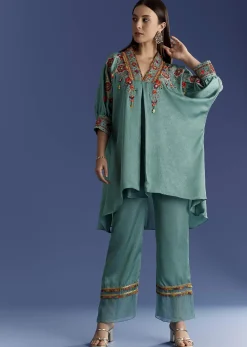 Aqua Green Crush Silk Kurta Set With Resham And Beads Work
