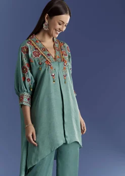 Aqua Green Crush Silk Kurta Set With Resham And Beads Work