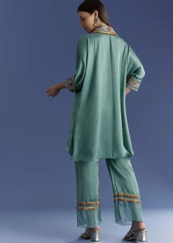 Aqua Green Crush Silk Kurta Set With Resham And Beads Work