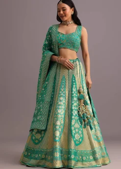 Aqua Green Embroidered Choli With Banarasi Weave Lehenga And Dupatta