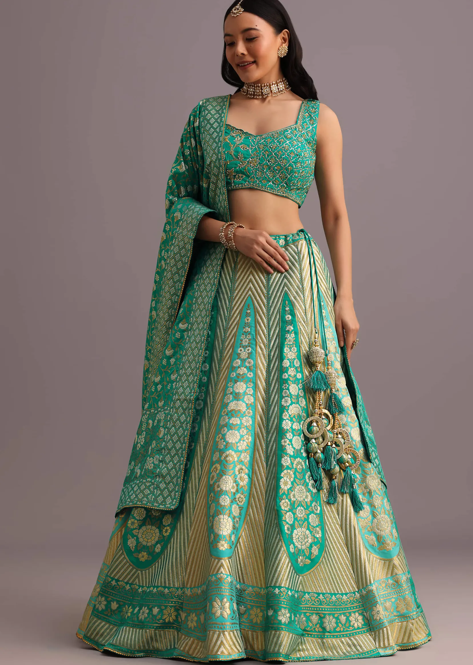 Aqua Green Embroidered Choli With Banarasi Weave Lehenga And Dupatta