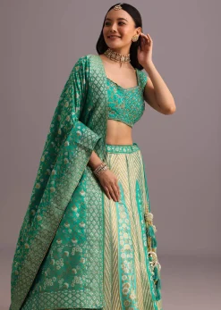 Aqua Green Embroidered Choli With Banarasi Weave Lehenga And Dupatta