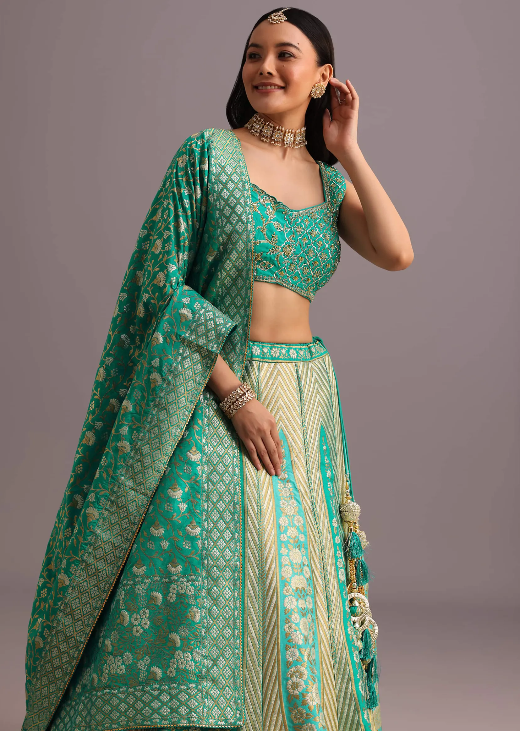 Aqua Green Embroidered Choli With Banarasi Weave Lehenga And Dupatta