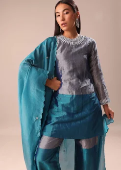 Aqua Green Embroidered Kurta Palazzo Set