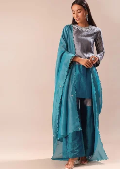 Aqua Green Embroidered Kurta Palazzo Set