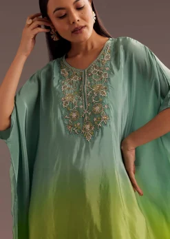 Aqua Green Ombre Moti Zardosi Kaftan Kurta Dhoti Set