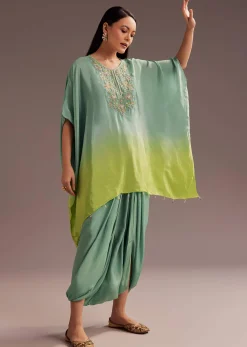 Aqua Green Ombre Moti Zardosi Kaftan Kurta Dhoti Set