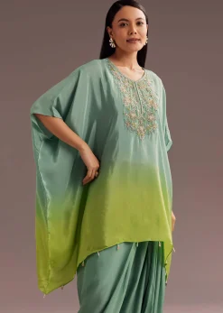 Aqua Green Ombre Moti Zardosi Kaftan Kurta Dhoti Set