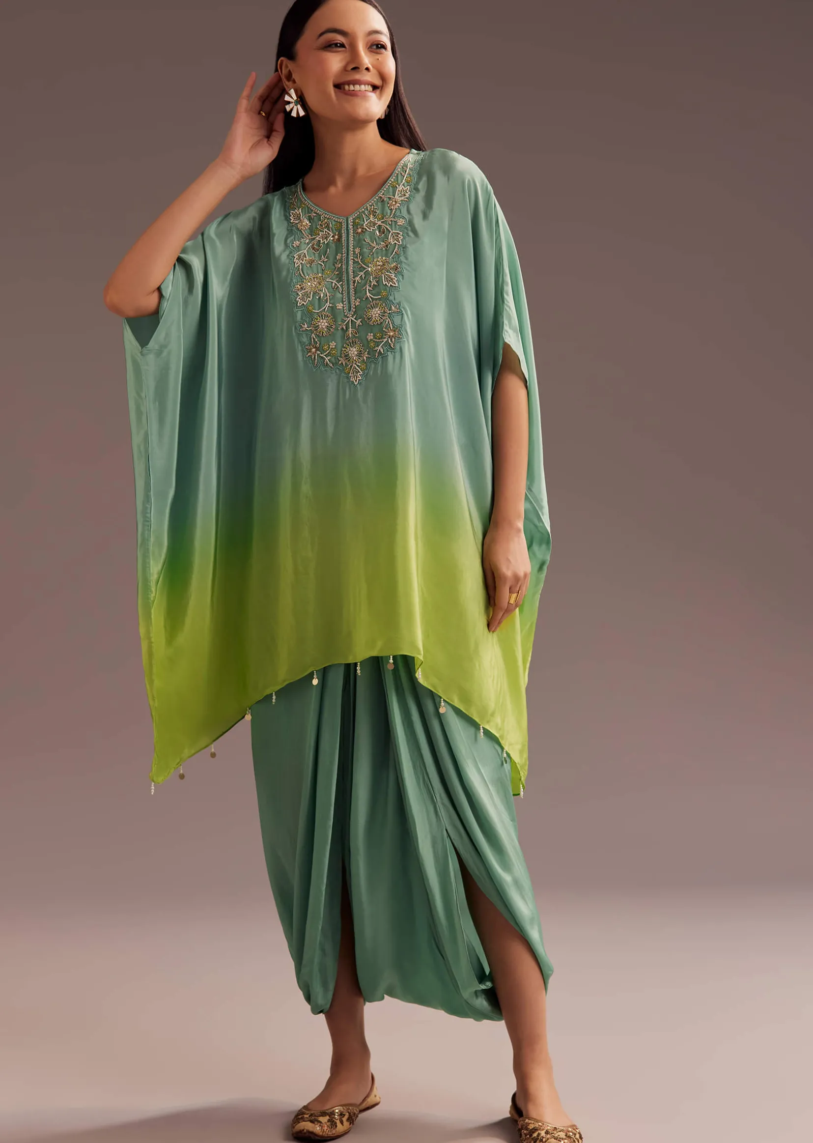 Aqua Green Ombre Moti Zardosi Kaftan Kurta Dhoti Set