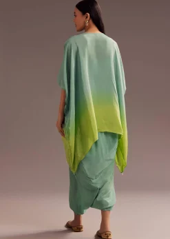 Aqua Green Ombre Moti Zardosi Kaftan Kurta Dhoti Set