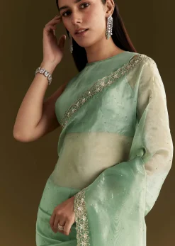 Aqua Green Organza Embroidered Saree With Scallop Border