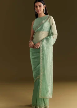 Aqua Green Organza Embroidered Saree With Scallop Border