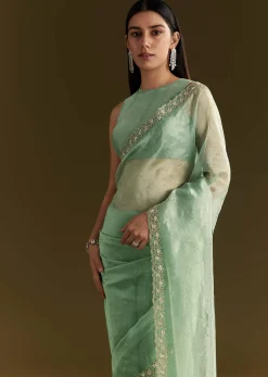 Aqua Green Organza Embroidered Saree With Scallop Border