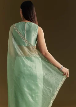 Aqua Green Organza Embroidered Saree With Scallop Border